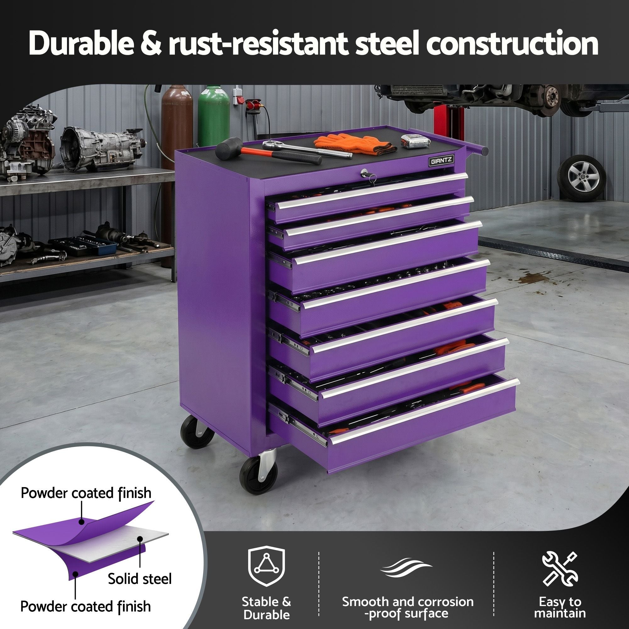 7-Drawer Tool Chest Trolley Cabinet Toolbox Heavy Duty Garage Storage Organiser Purple - Tools > Tools Storage > Tool Boxes - Rivercity House & Home Co. (ABN 18 642 972 209) - Affordable Modern Furniture Australia