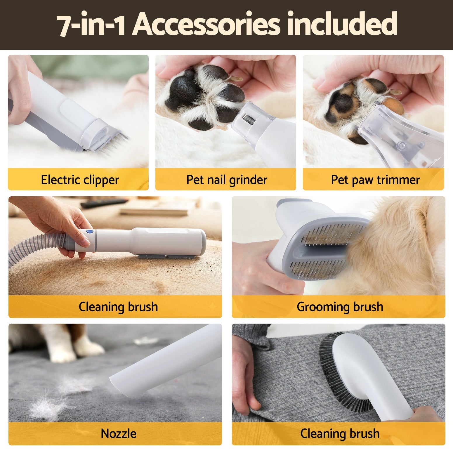 7-in-1 Pet Grooming Kit with Vacuum, Clippers, Brushes & Hair Remover - White - Pet Care > Cleaning & Maintenance > Pet Grooming Supplies - Rivercity House & Home Co. (ABN 18 642 972 209) - Affordable Modern Furniture Australia