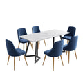 7 Piece Dining Set with Matching Rectangular Marble Table and 6 Blue Velvet Chairs