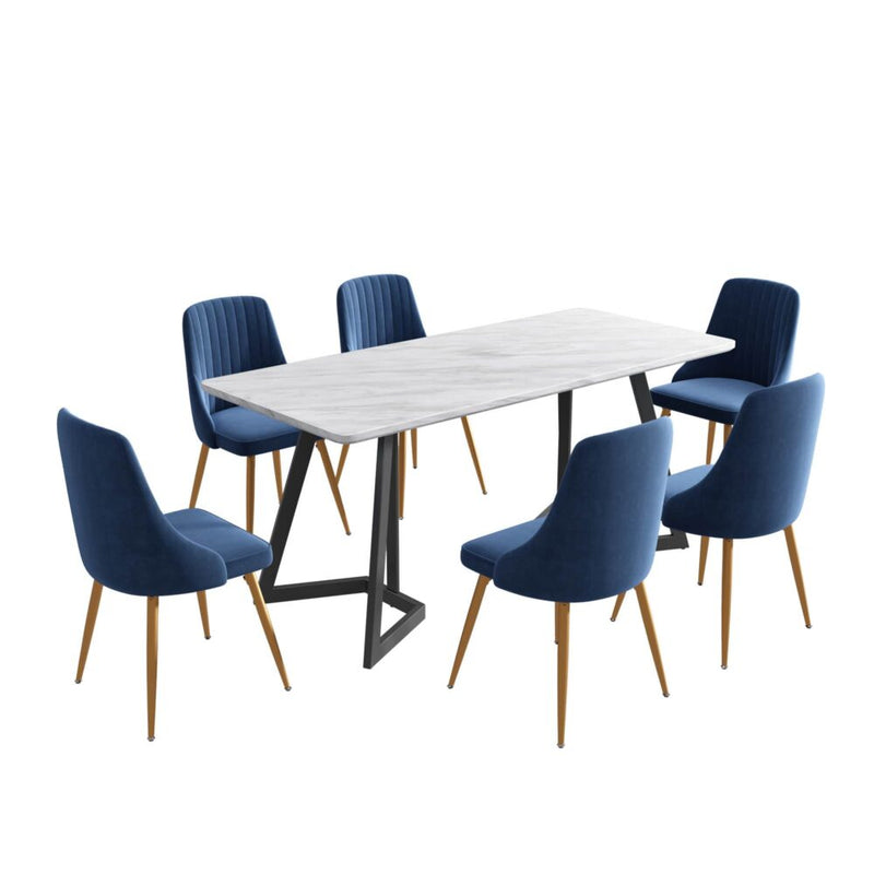 7 Piece Dining Set with Matching Rectangular Marble Table and 6 Blue Velvet Chairs - Furniture > Outdoor - Rivercity House & Home Co. (ABN 18 642 972 209) - Affordable Modern Furniture Australia