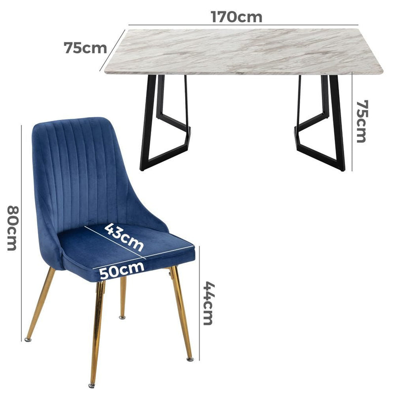 7 Piece Dining Set with Matching Rectangular Marble Table and 6 Blue Velvet Chairs - Furniture > Outdoor - Rivercity House & Home Co. (ABN 18 642 972 209) - Affordable Modern Furniture Australia