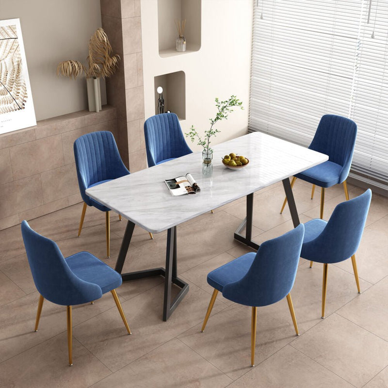 7 Piece Dining Set with Matching Rectangular Marble Table and 6 Blue Velvet Chairs - Furniture > Outdoor - Rivercity House & Home Co. (ABN 18 642 972 209) - Affordable Modern Furniture Australia