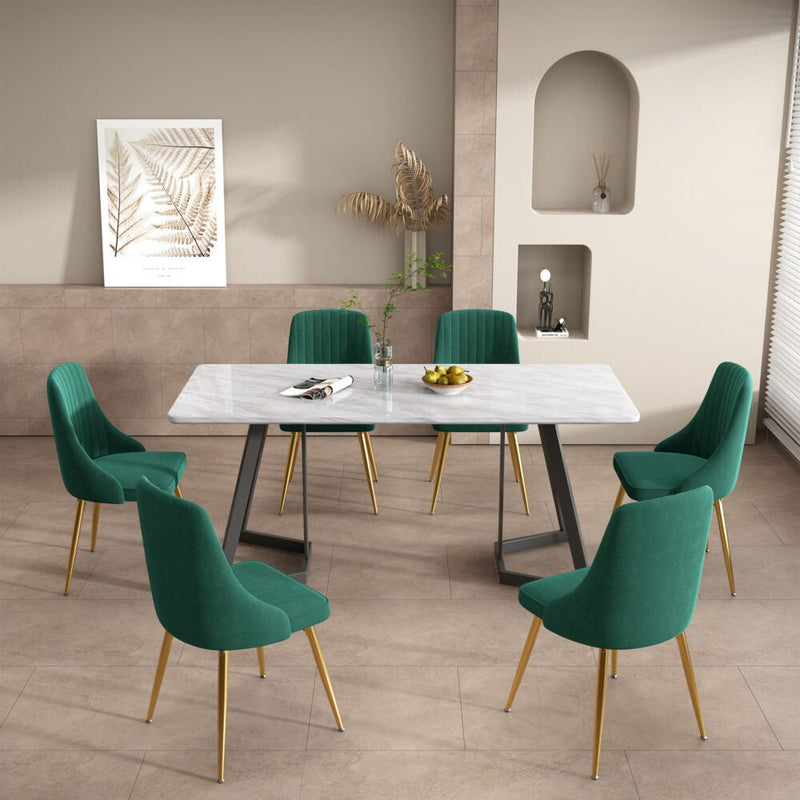 7 Piece Dining Set with Matching Rectangular Marble Table and 6 Green Velvet Chairs - Furniture > Outdoor - Rivercity House & Home Co. (ABN 18 642 972 209) - Affordable Modern Furniture Australia