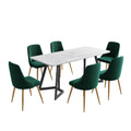 7 Piece Dining Set with Matching Rectangular Marble Table and 6 Green Velvet Chairs