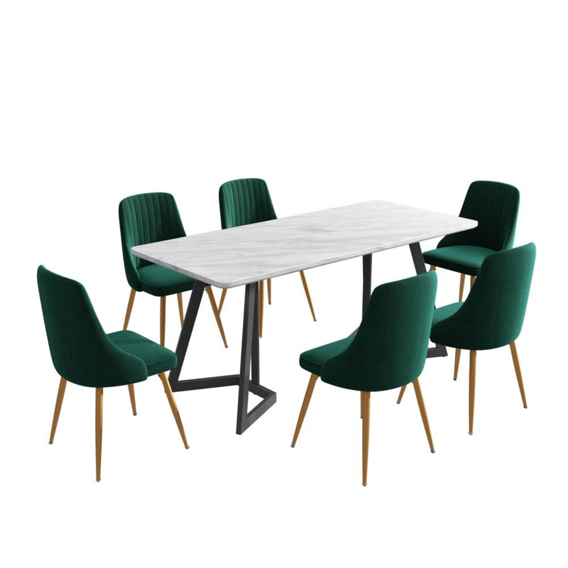 7 Piece Dining Set with Matching Rectangular Marble Table and 6 Green Velvet Chairs - Furniture > Outdoor - Rivercity House & Home Co. (ABN 18 642 972 209) - Affordable Modern Furniture Australia