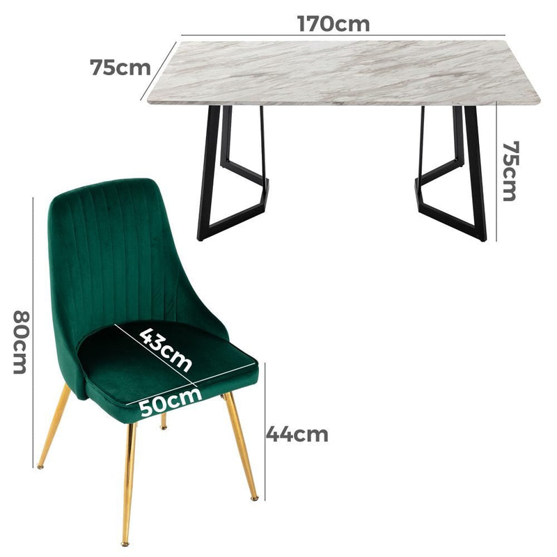 7 Piece Dining Set with Matching Rectangular Marble Table and 6 Green Velvet Chairs - Furniture > Outdoor - Rivercity House & Home Co. (ABN 18 642 972 209) - Affordable Modern Furniture Australia