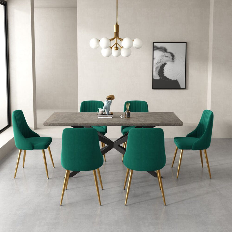 7 Piece Dining Set with Rectangular Table and 6 Green Velvet Chairs - Furniture > Outdoor - Rivercity House & Home Co. (ABN 18 642 972 209) - Affordable Modern Furniture Australia