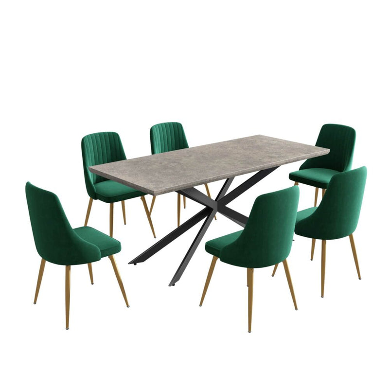 7 Piece Dining Set with Rectangular Table and 6 Green Velvet Chairs - Furniture > Outdoor - Rivercity House & Home Co. (ABN 18 642 972 209) - Affordable Modern Furniture Australia