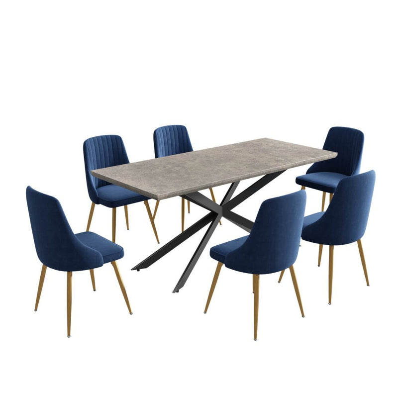 7 Piece Dining Set with Rectangular Table and 6 Navy Velvet Chairs - Furniture > Outdoor - Rivercity House & Home Co. (ABN 18 642 972 209) - Affordable Modern Furniture Australia