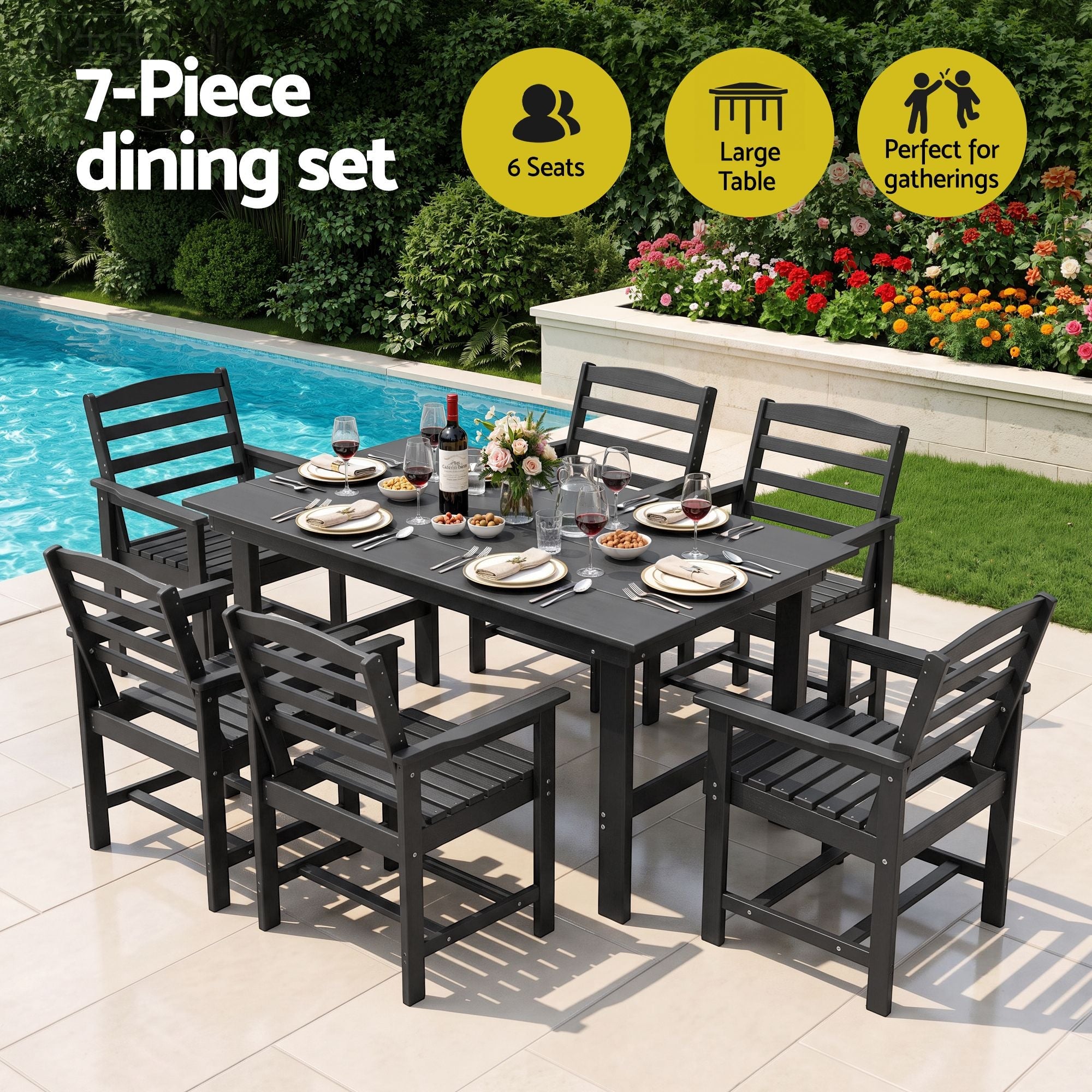 7 Piece Outdoor Dining Set with HDPE Table and Chairs - Black - Furniture > Outdoor > Outdoor Dining Sets - Rivercity House & Home Co. (ABN 18 642 972 209) - Affordable Modern Furniture Australia