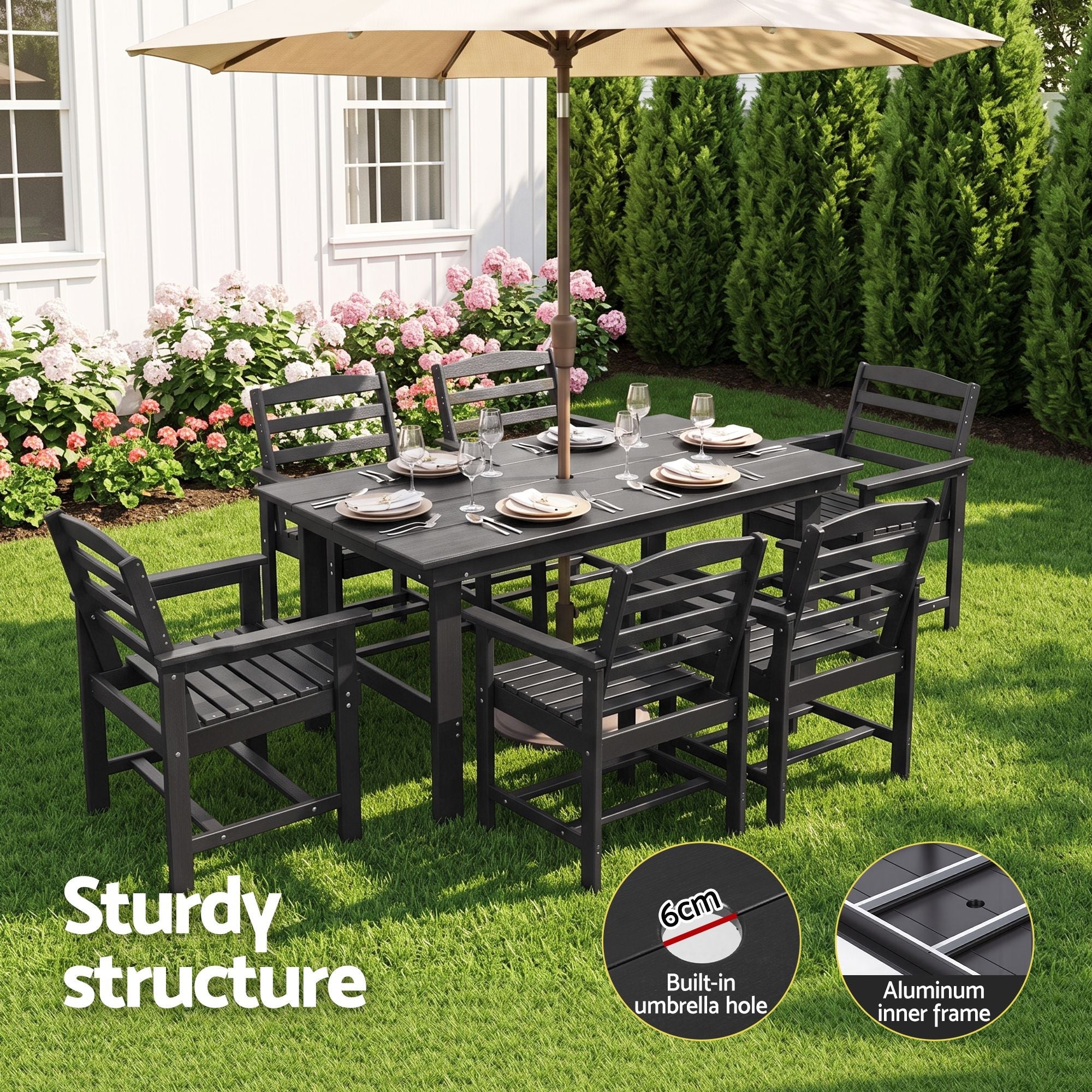 7 Piece Outdoor Dining Set with HDPE Table and Chairs - Black - Furniture > Outdoor > Outdoor Dining Sets - Rivercity House & Home Co. (ABN 18 642 972 209) - Affordable Modern Furniture Australia