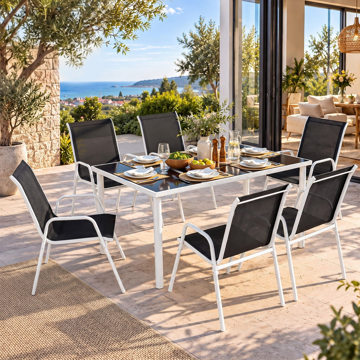 7 Piece Outdoor Dining Set with Steel Table & Textilene Chairs - Black - Furniture > Outdoor > Outdoor Dining Sets - Rivercity House & Home Co. (ABN 18 642 972 209) - Affordable Modern Furniture Australia