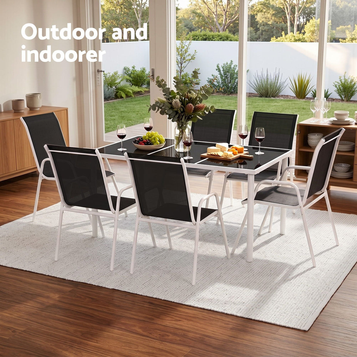 7 Piece Outdoor Dining Set with Steel Table & Textilene Chairs - Black - Furniture > Outdoor > Outdoor Dining Sets - Rivercity House & Home Co. (ABN 18 642 972 209) - Affordable Modern Furniture Australia