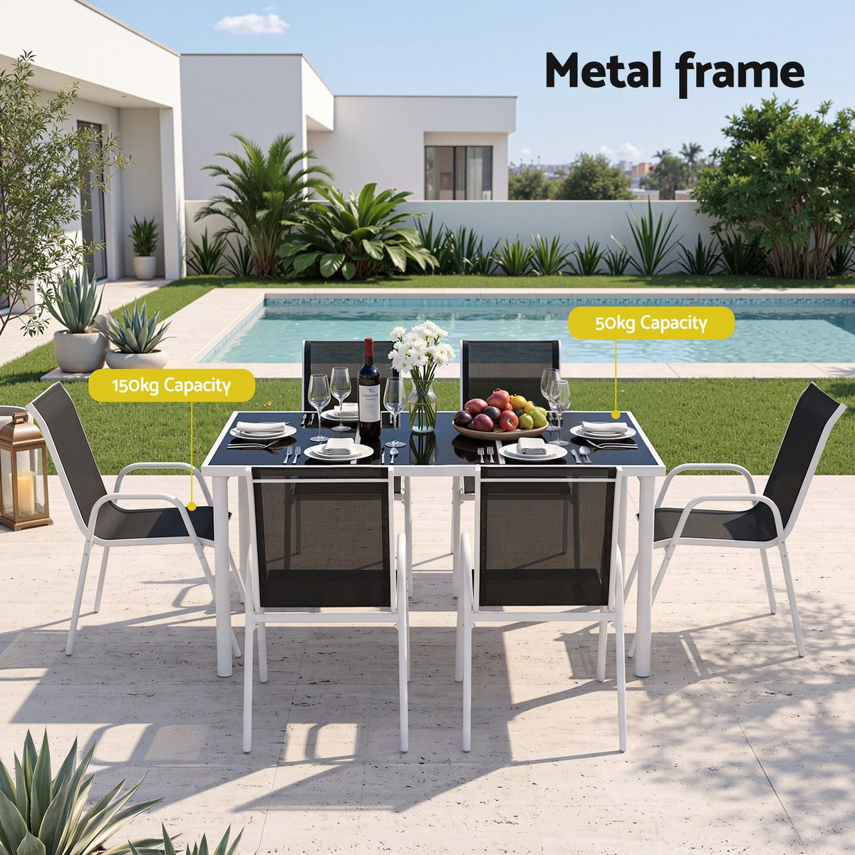 7 Piece Outdoor Dining Set with Steel Table & Textilene Chairs - Black - Furniture > Outdoor > Outdoor Dining Sets - Rivercity House & Home Co. (ABN 18 642 972 209) - Affordable Modern Furniture Australia