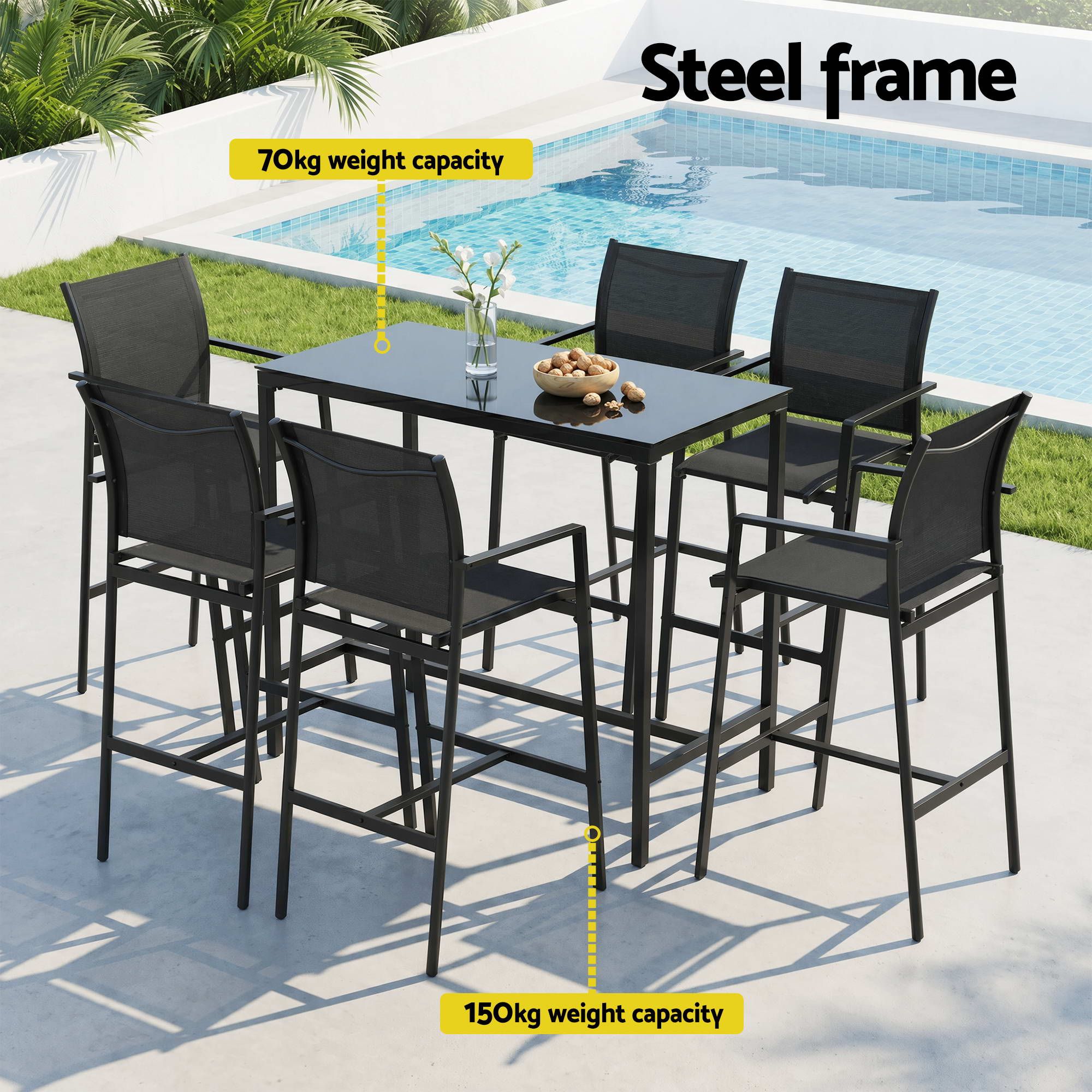 7-Piece Outdoor Steel Bar Set with Table and Stools - Black - Furniture > Bar Stools & Chairs > Table & Bar Stools - Rivercity House & Home Co. (ABN 18 642 972 209) - Affordable Modern Furniture Australia