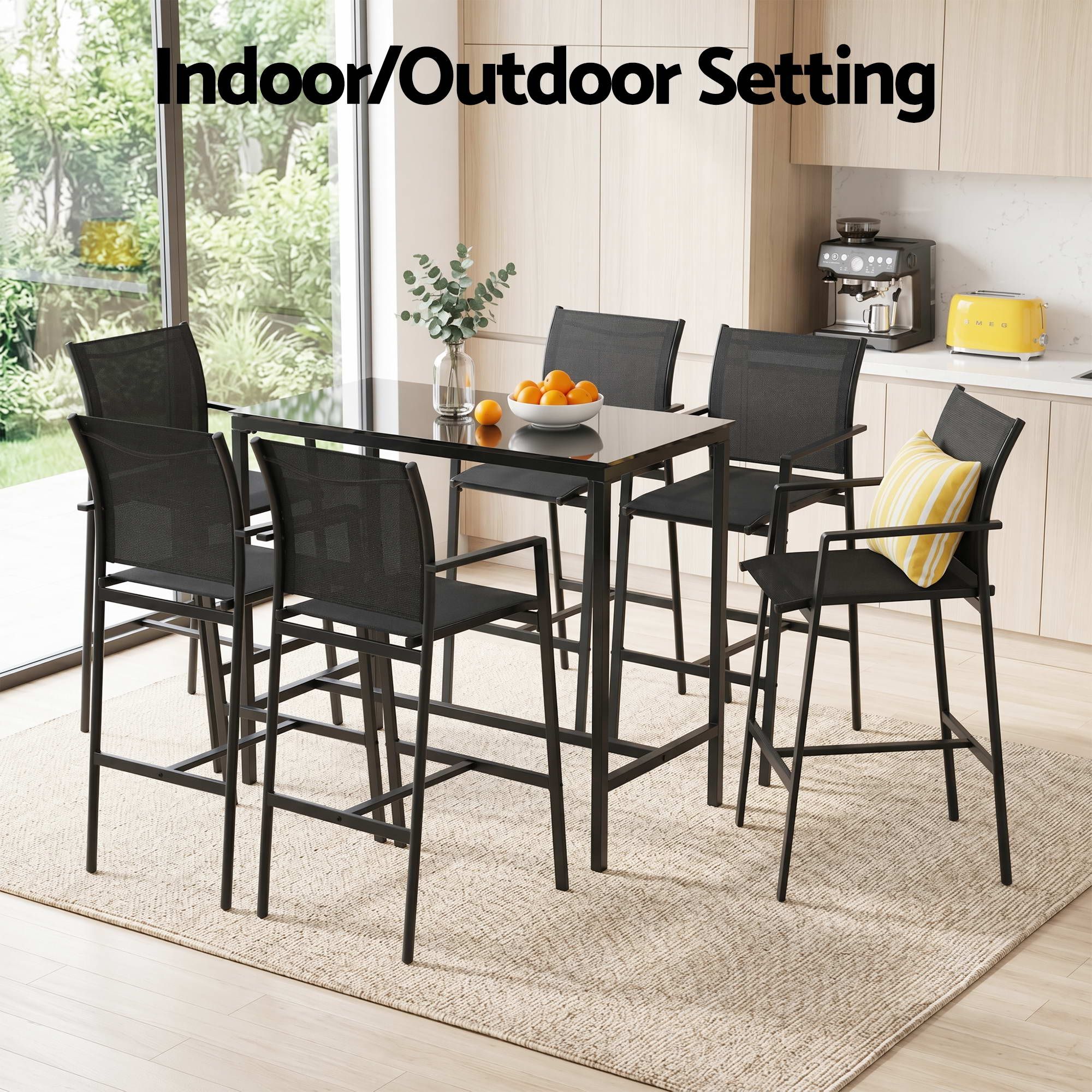 7-Piece Outdoor Steel Bar Set with Table and Stools - Black - Furniture > Bar Stools & Chairs > Table & Bar Stools - Rivercity House & Home Co. (ABN 18 642 972 209) - Affordable Modern Furniture Australia