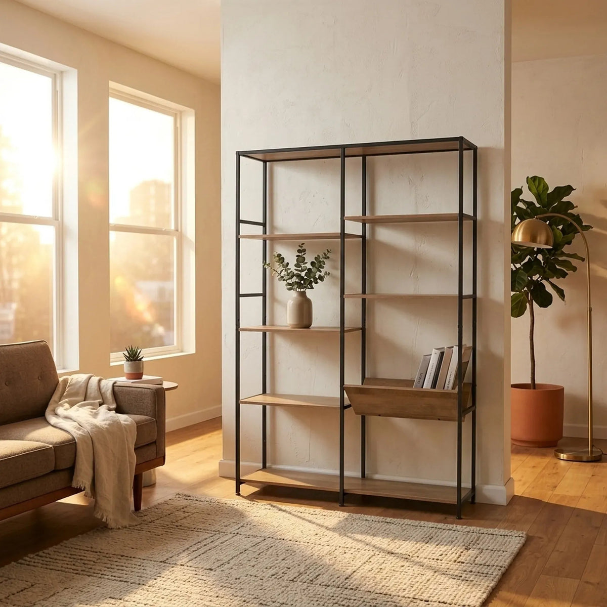 7 Shelf Rustic Wood and Steel Bookcase Display Shelf - Brown - Furniture > Living Room > Bookcases & Shelves - Rivercity House & Home Co. (ABN 18 642 972 209) - Affordable Modern Furniture Australia
