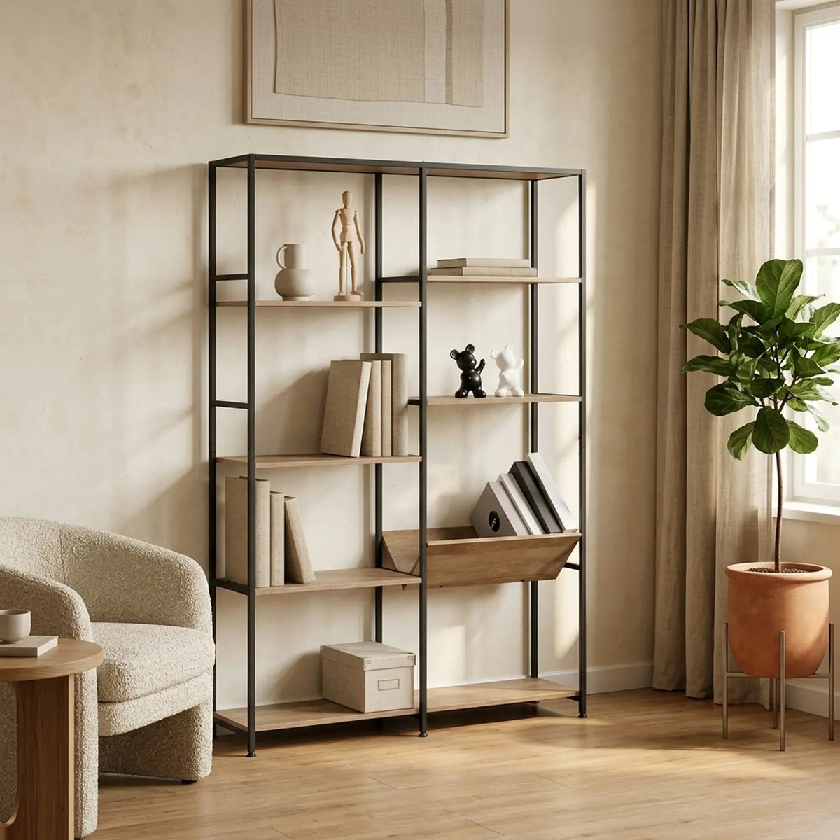 7 Shelf Rustic Wood and Steel Bookcase Display Shelf - Brown - Furniture > Living Room > Bookcases & Shelves - Rivercity House & Home Co. (ABN 18 642 972 209) - Affordable Modern Furniture Australia