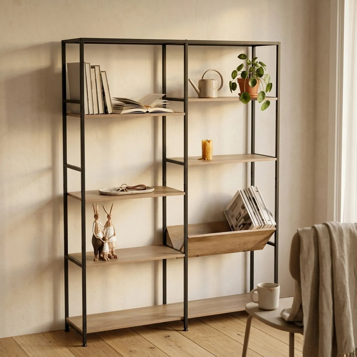 7 Shelf Rustic Wood and Steel Bookcase Display Shelf - Brown - Furniture > Living Room > Bookcases & Shelves - Rivercity House & Home Co. (ABN 18 642 972 209) - Affordable Modern Furniture Australia