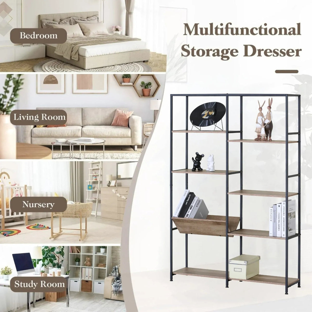 7 Shelf Rustic Wood and Steel Bookcase Display Shelf - Brown - Furniture > Living Room > Bookcases & Shelves - Rivercity House & Home Co. (ABN 18 642 972 209) - Affordable Modern Furniture Australia