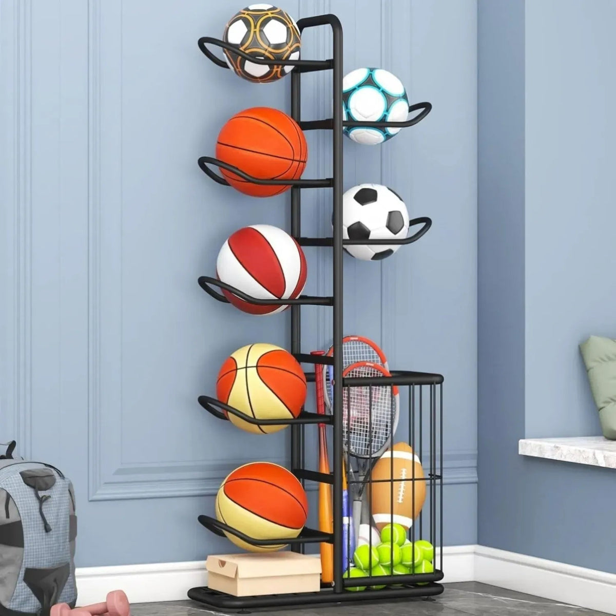 7 Tier Ball Storage Rack with Side Basket Sports Organiser - Black - Home & Garden > Storage > Storage Boxes - Rivercity House & Home Co. (ABN 18 642 972 209) - Affordable Modern Furniture Australia