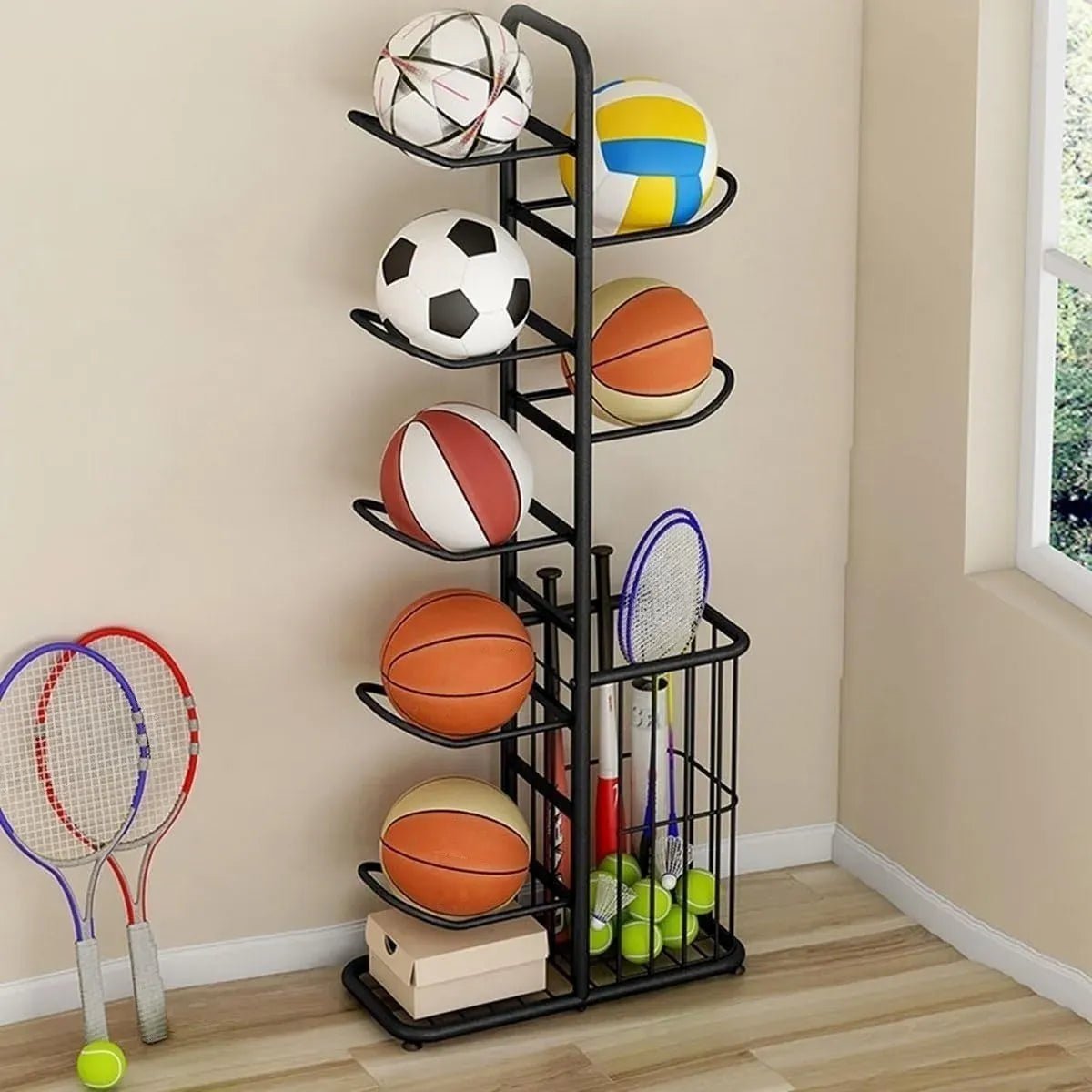 7 Tier Ball Storage Rack with Side Basket Sports Organiser - Black - Home & Garden > Storage > Storage Boxes - Rivercity House & Home Co. (ABN 18 642 972 209) - Affordable Modern Furniture Australia