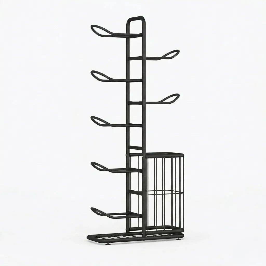 7 Tier Ball Storage Rack with Side Basket Sports Organiser - Black - Home & Garden > Storage > Storage Boxes - Rivercity House & Home Co. (ABN 18 642 972 209) - Affordable Modern Furniture Australia