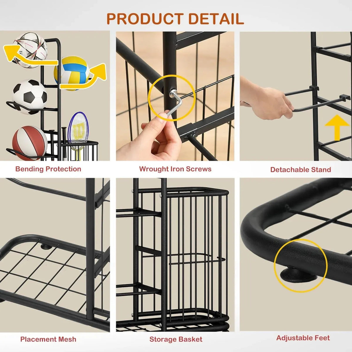 7 Tier Ball Storage Rack with Side Basket Sports Organiser - Black - Home & Garden > Storage > Storage Boxes - Rivercity House & Home Co. (ABN 18 642 972 209) - Affordable Modern Furniture Australia