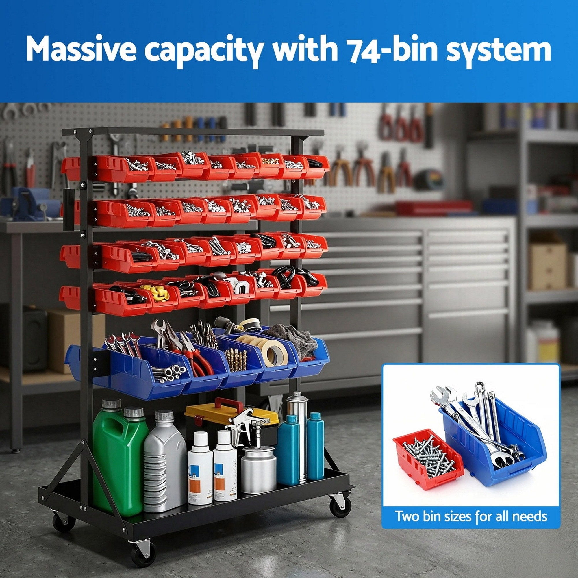 74 Bins Storage Rack Double Sided Mobile Garage Workshop Tools Organizer - Tools > Tools Storage > Wall Storage Racks - Rivercity House & Home Co. (ABN 18 642 972 209) - Affordable Modern Furniture Australia