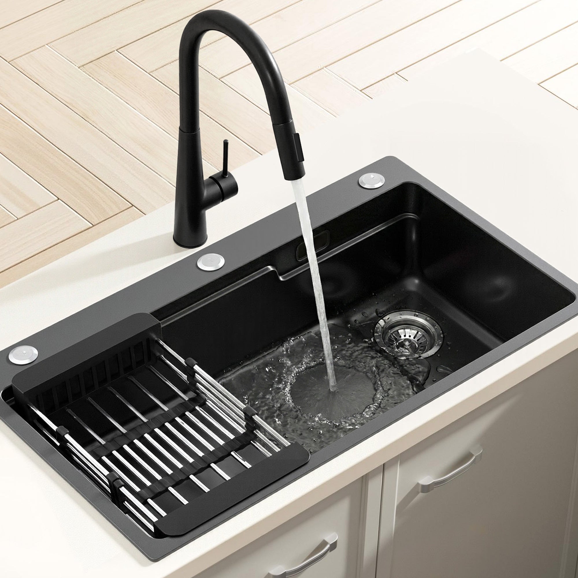 75x45cm Stainless Steel Single Bowl Kitchen Sink with Pull - Out Mixer Tap - Black - Furniture > Dining > Kitchen Sinks - Rivercity House & Home Co. (ABN 18 642 972 209) - Affordable Modern Furniture Australia
