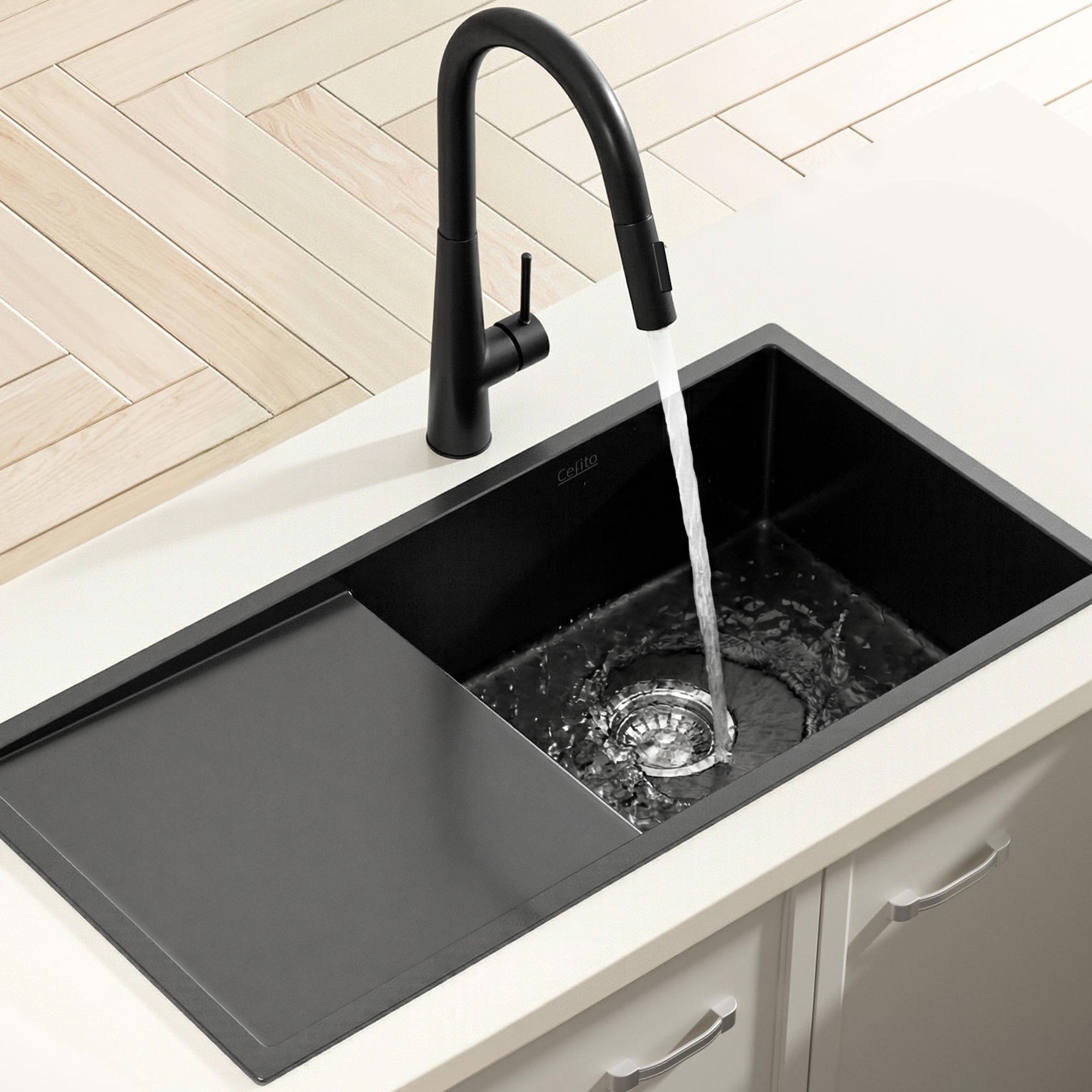 75x45cm Stainless Steel Single Bowl Kitchen Sink with Pull - Out Mixer Tap - Black - Furniture > Dining > Kitchen Sinks - Rivercity House & Home Co. (ABN 18 642 972 209) - Affordable Modern Furniture Australia