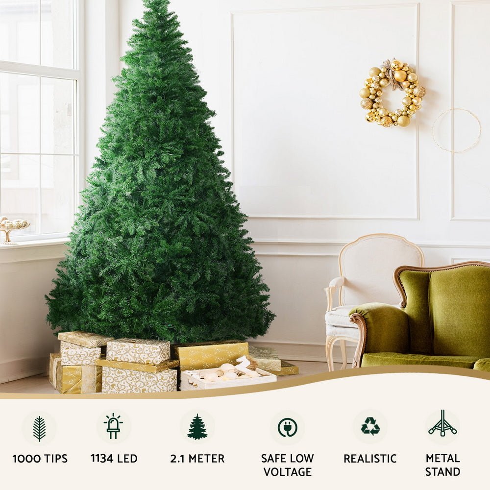 7FT / 2.1M Fir Christmas Tree - 1000 Tips - Pre-lit 1134 Multi-Colour LED Lights - 8 Light Modes - Green - Occasions > Christmas > Christmas Trees - Rivercity House & Home Co. (ABN 18 642 972 209) - Affordable Modern Furniture Australia