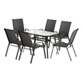 7PC Outdoor Mesh Dining Set with Tempered Glass Table and Stackable Chairs - Black