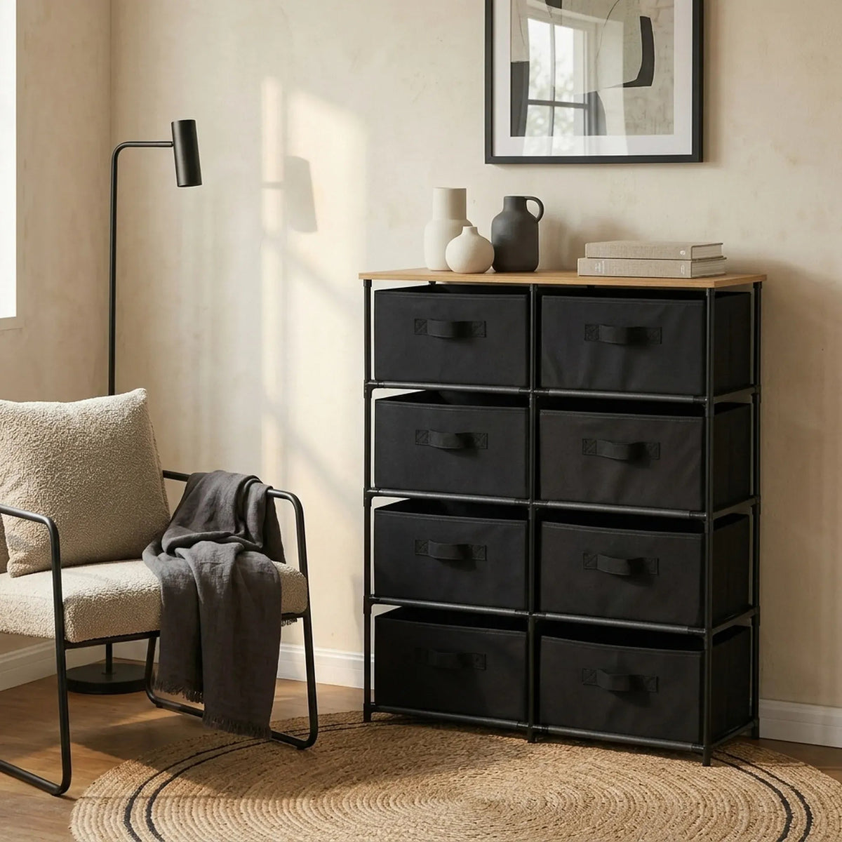 8 Drawer Fabric Storage Dresser with Steel Frame - Black - Furniture > Sofas > Sofa Accessories - Rivercity House & Home Co. (ABN 18 642 972 209) - Affordable Modern Furniture Australia
