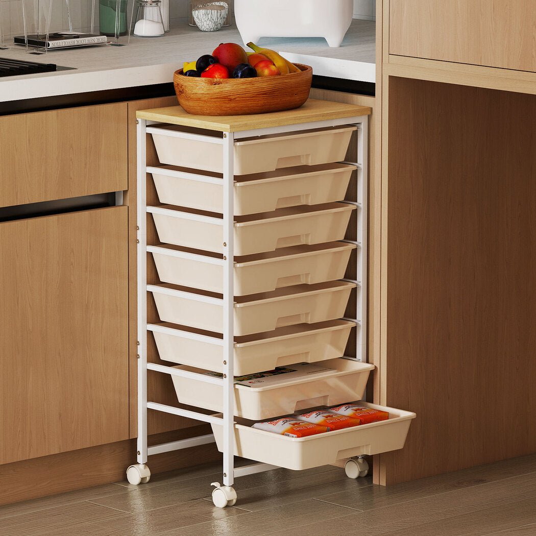 8 Drawer Mobile Storage Trolley with Wooden Top and Swivel Wheels - Natural - Rivercity House & Home Co. (ABN 18 642 972 209) - Affordable Modern Furniture Australia