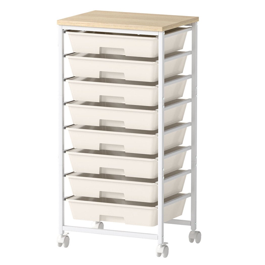 8 Drawer Mobile Storage Trolley with Wooden Top and Swivel Wheels - Natural - Rivercity House & Home Co. (ABN 18 642 972 209) - Affordable Modern Furniture Australia
