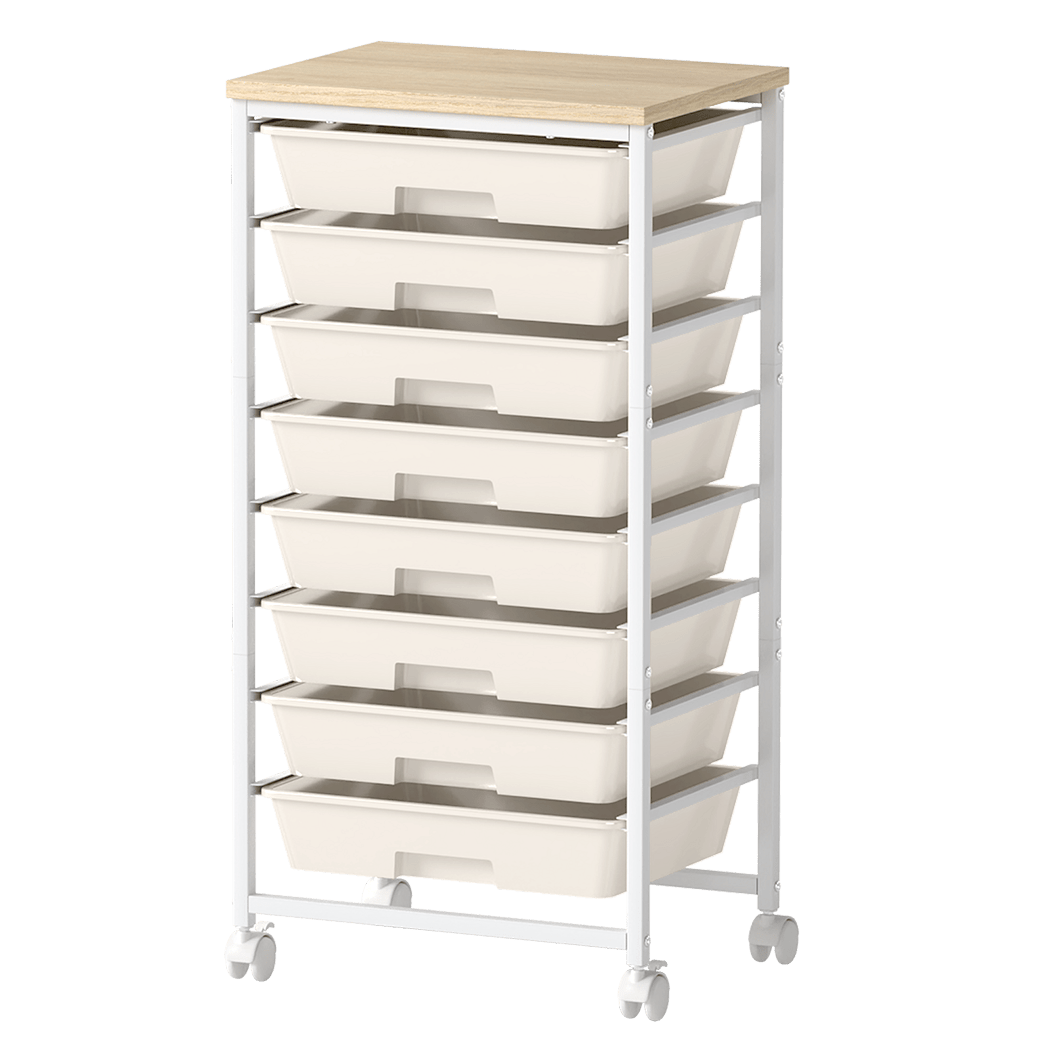 8 Drawer Mobile Storage Trolley with Wooden Top and Swivel Wheels - Natural - Rivercity House & Home Co. (ABN 18 642 972 209) - Affordable Modern Furniture Australia