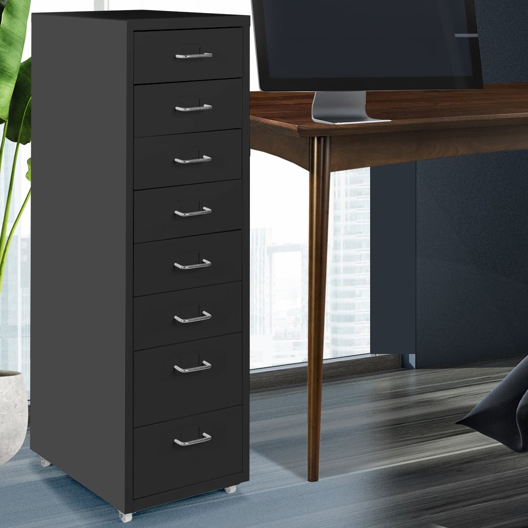 8 - Drawer Steel Office Filing Cabinet with Wheels - Black - Rivercity House & Home Co. (ABN 18 642 972 209) - Affordable Modern Furniture Australia