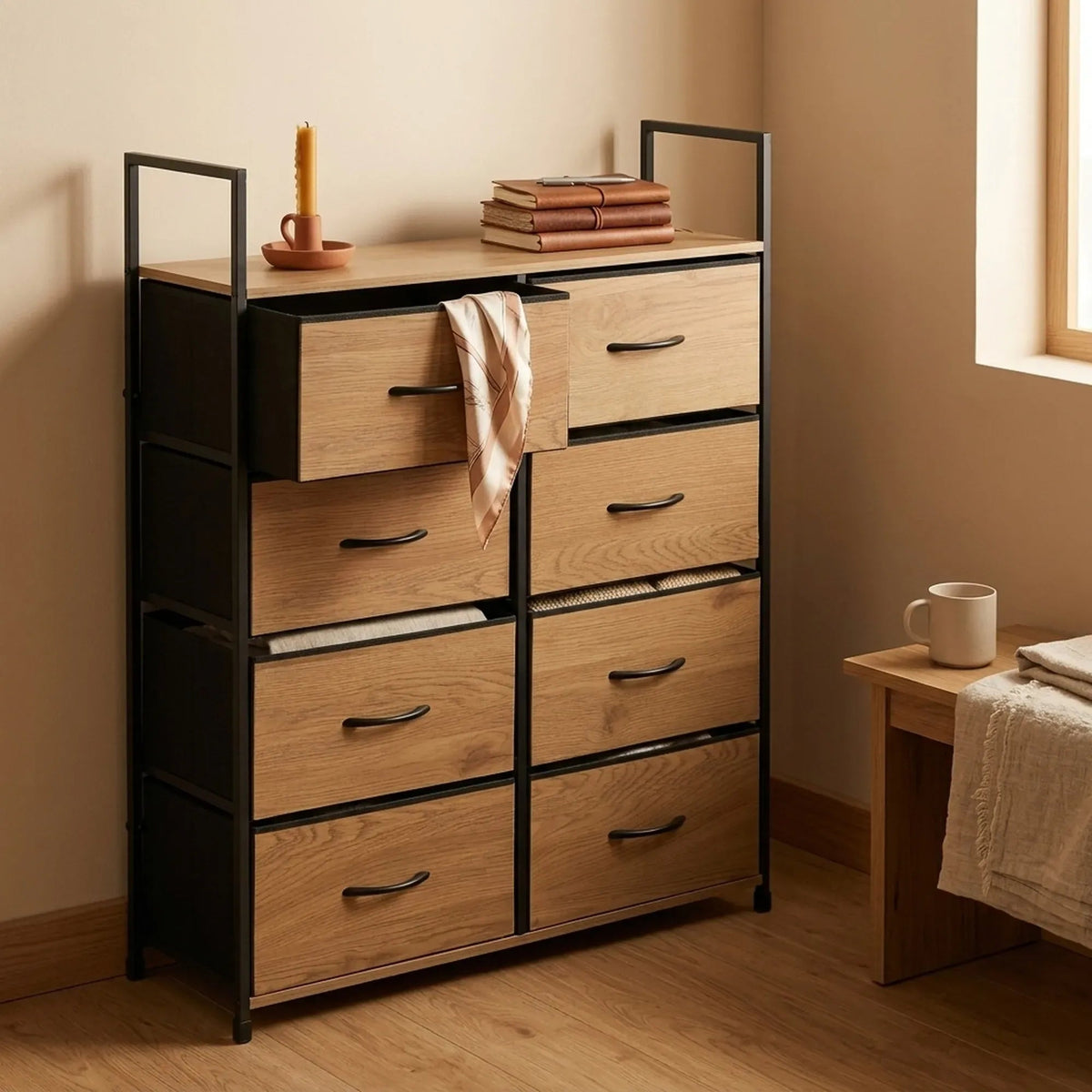 8 Drawer Tallboy Storage Cabinet Rustic Steel and MDF - Brown - Home & Garden > Storage > Storage Cabinets & Lockers - Rivercity House & Home Co. (ABN 18 642 972 209) - Affordable Modern Furniture Australia