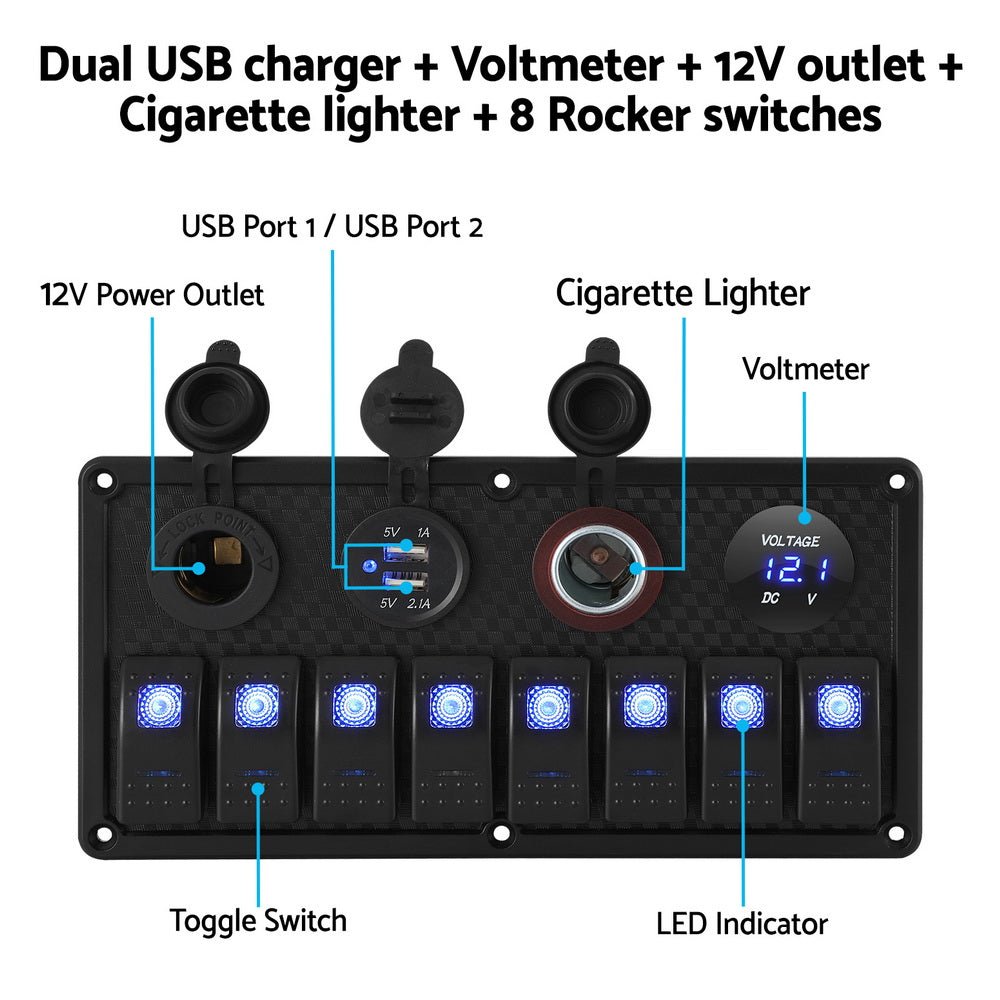 8 Gang 12V Switch Panel For Car Boat Marine USB ON - OFF LED Rocker Toggle - Outdoor > Boating - Rivercity House & Home Co. (ABN 18 642 972 209) - Affordable Modern Furniture Australia