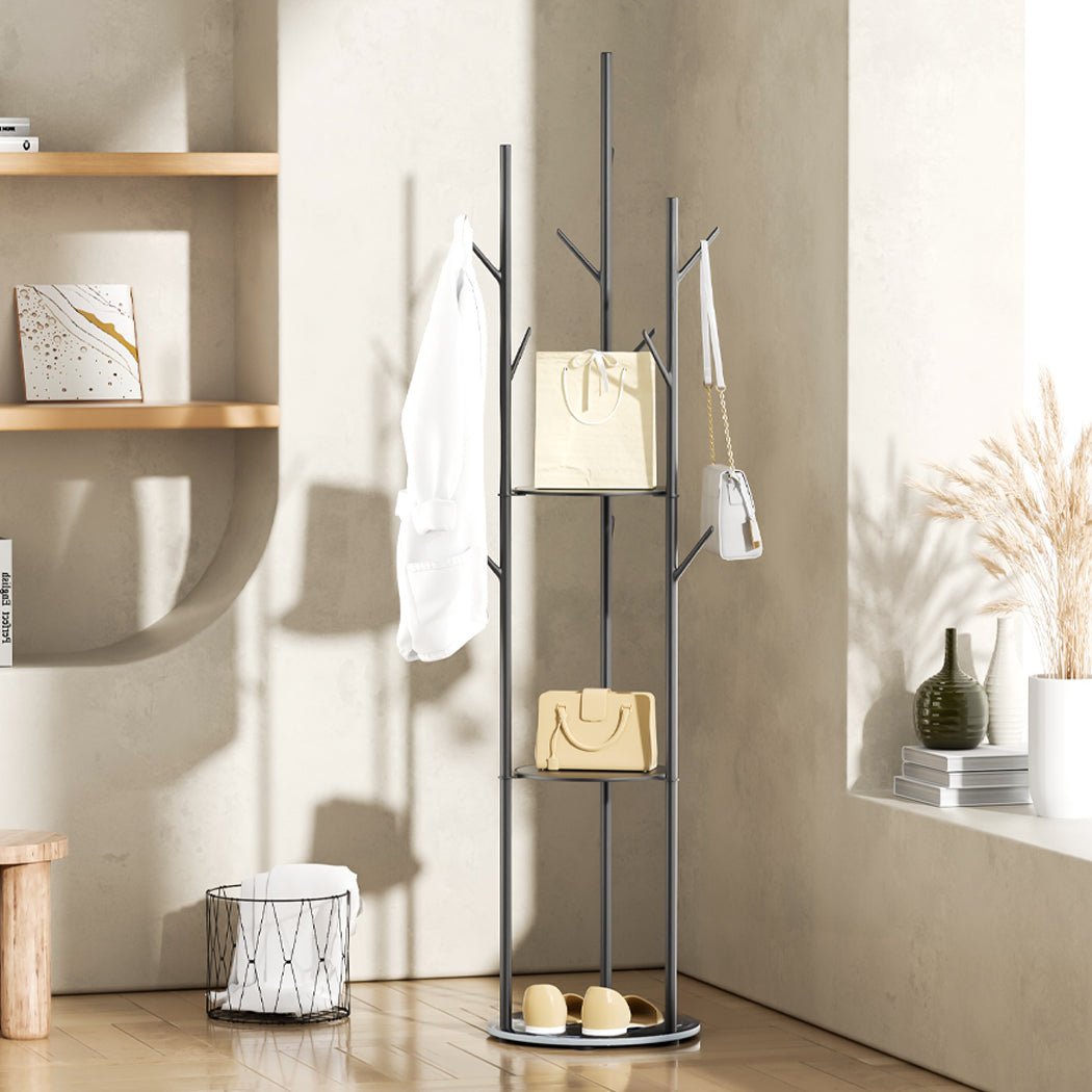 8 - Hook Coat Rack with Shelves Organizer Stand - Black - Rivercity House & Home Co. (ABN 18 642 972 209) - Affordable Modern Furniture Australia