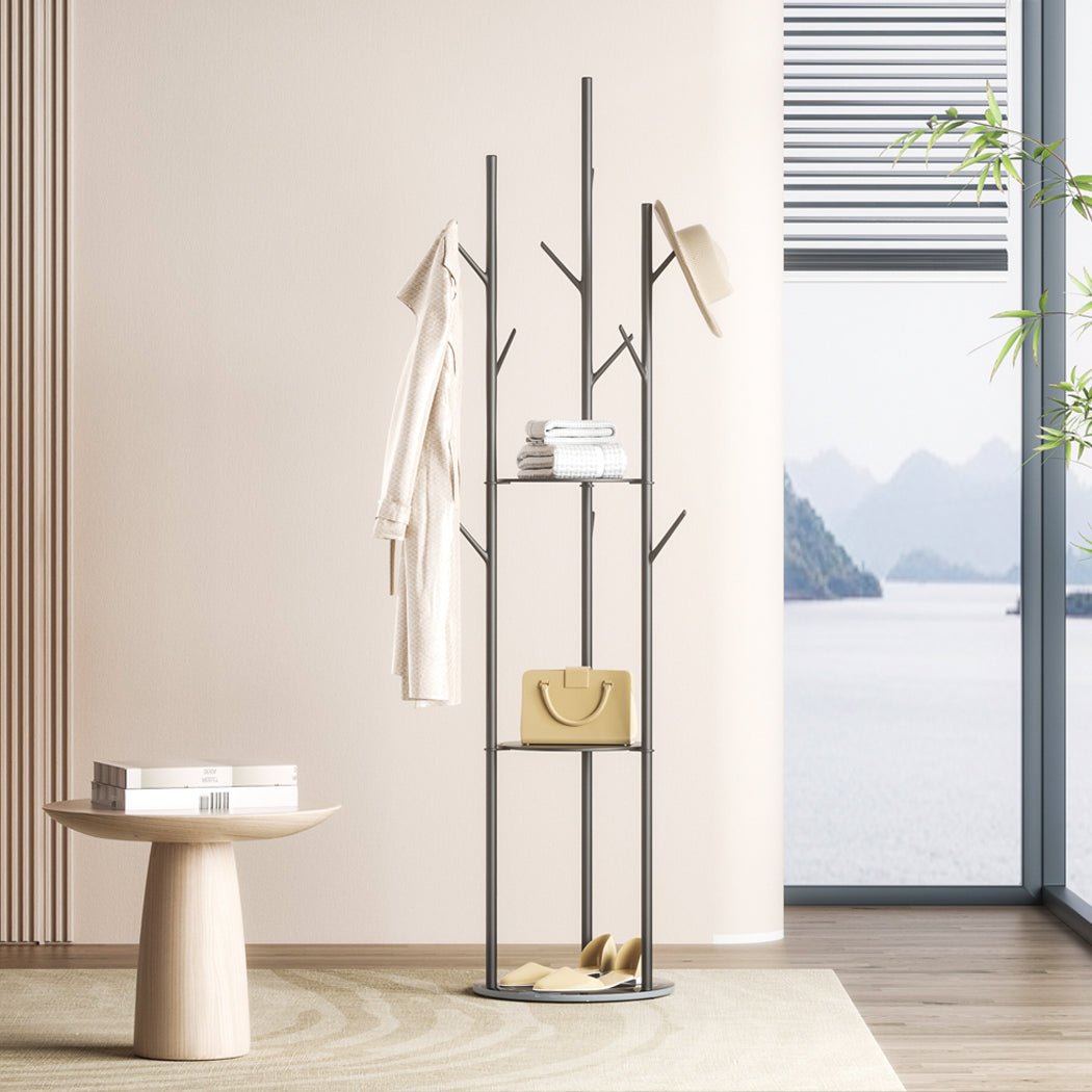8 - Hook Coat Rack with Shelves Organizer Stand - Black - Rivercity House & Home Co. (ABN 18 642 972 209) - Affordable Modern Furniture Australia