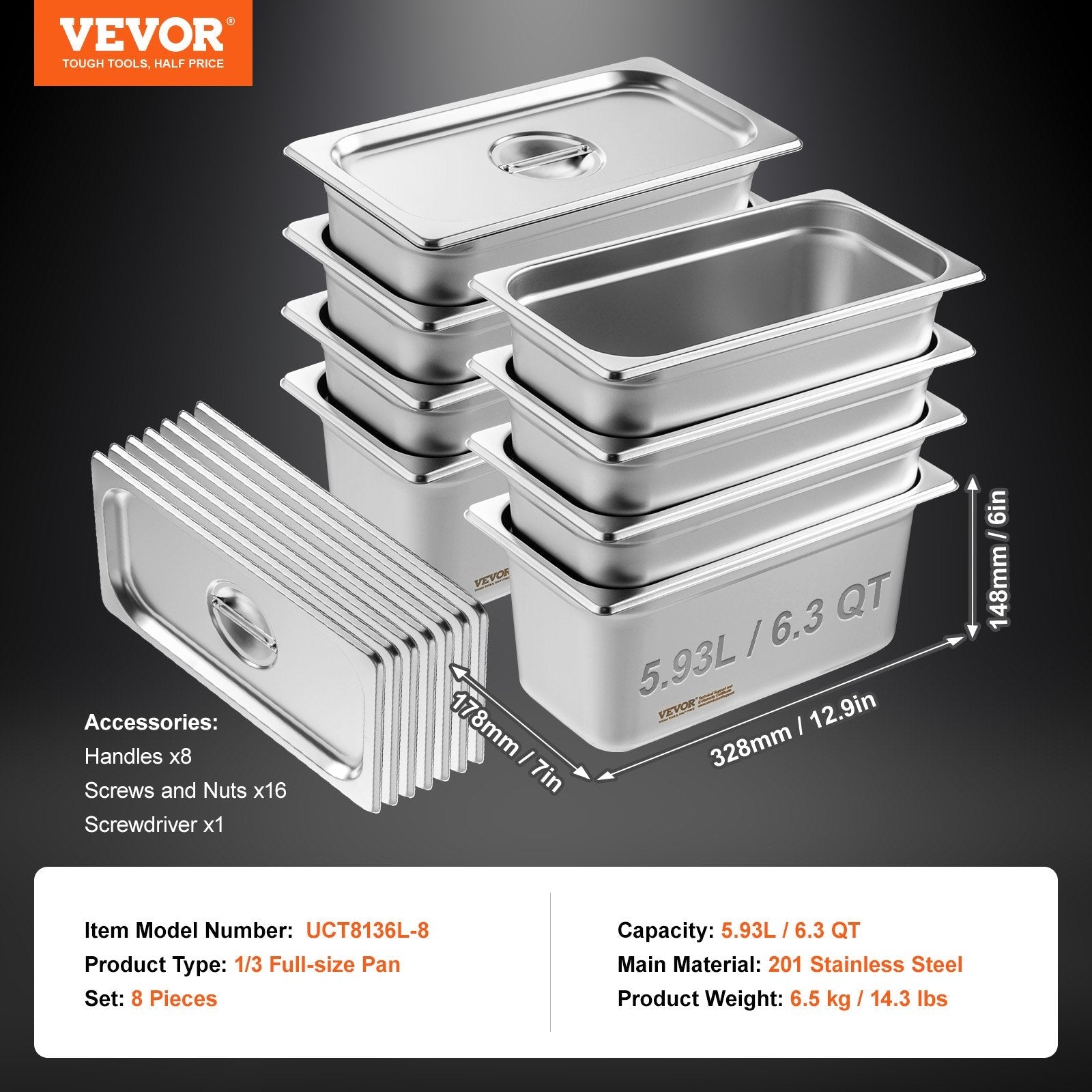 8 Pack Hotel Pans, 1/3 Size Anti - Jam Steam Pan with Lid, 0.8mm Thick Stainless Steel Steam Table Pan, 6 - Inch Deep Commercial Table Pan, Catering Storage Food Pan, for Industrial & Scientific - Home & Garden > Kitchenware > Food Storage - Rivercity House & Home Co. (ABN 18 642 972 209) - Affordable Modern Furniture Australia