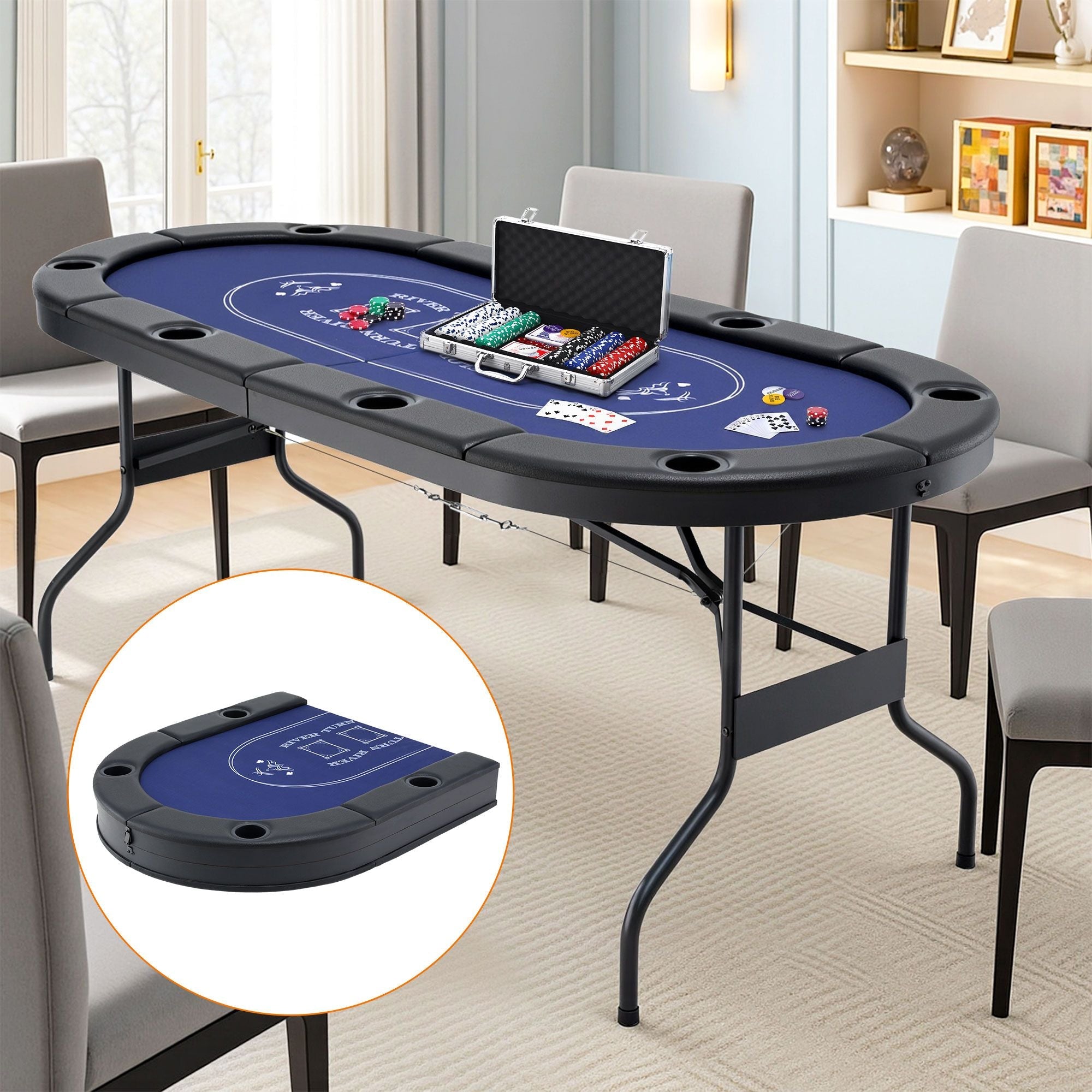 8 Player 1.8m Folding Poker Table and 300pcs Chips Set Portable Card Game Blue Layout Blue - Gift & Novelty > Games > Activity Games - Rivercity House & Home Co. (ABN 18 642 972 209) - Affordable Modern Furniture Australia