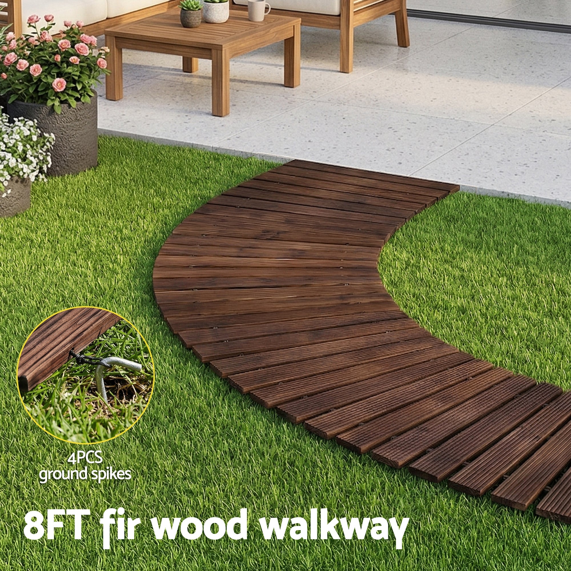 8FT Wooden Garden Pathway Roll - Out Curved Walkway Outdoor Backyard Charcoal Brown - Home & Garden > Decor > Garden Ornaments - Rivercity House & Home Co. (ABN 18 642 972 209) - Affordable Modern Furniture Australia