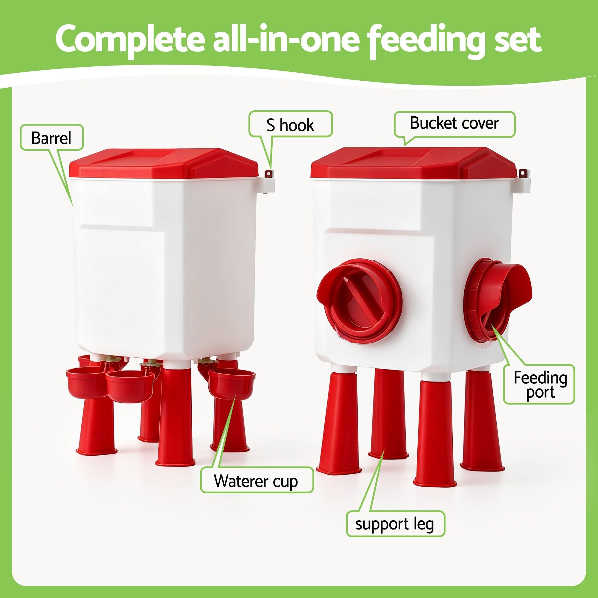 8kg Chicken Feeder and 7L Poultry Waterer Set - White and Red - Pet Care > Cat Supplies > Cat Bowls, Feeders & Waterers - Rivercity House & Home Co. (ABN 18 642 972 209) - Affordable Modern Furniture Australia
