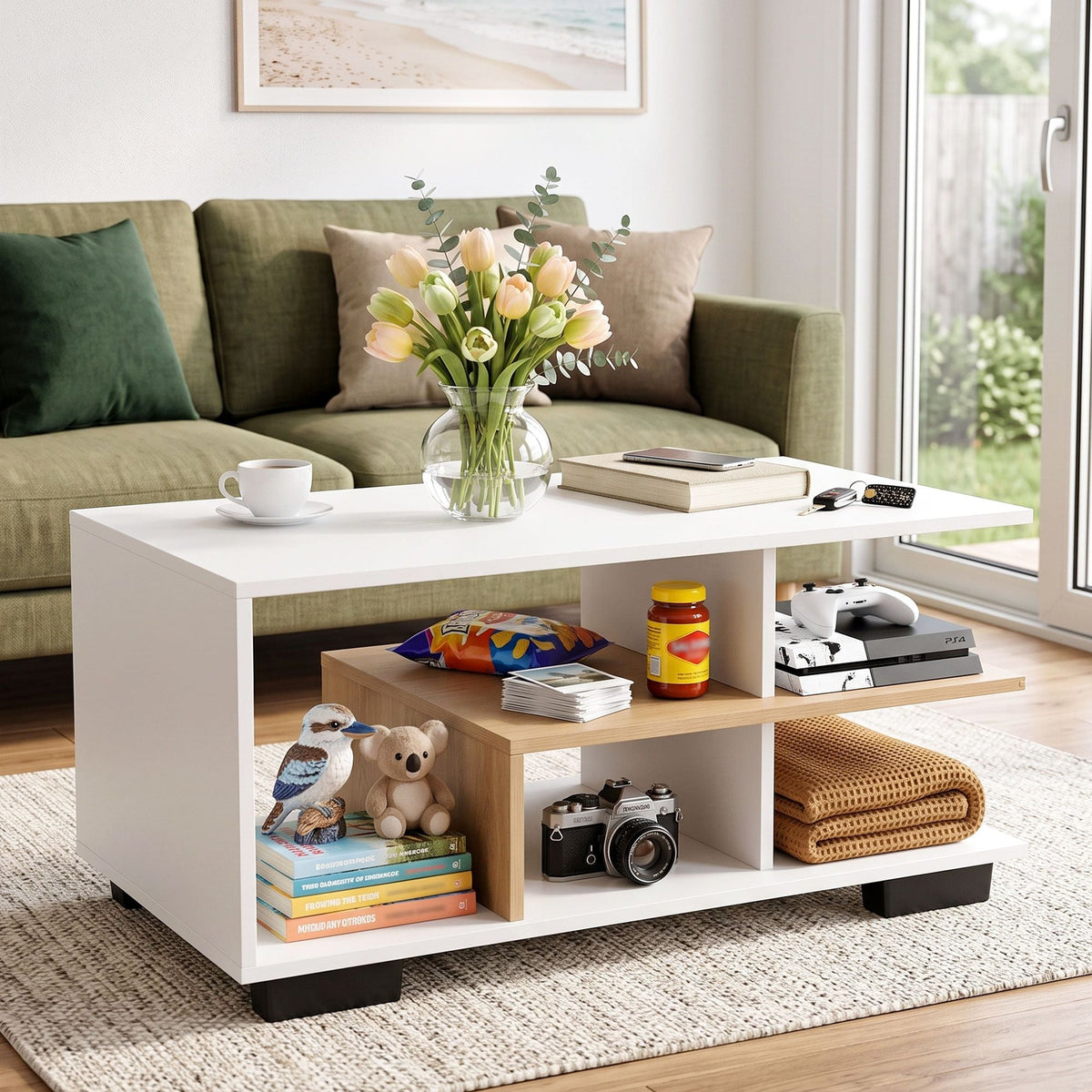 90cm 3-Tier Coffee Table with Open Storage Shelves - White & Wood - Furniture > Living Room > Coffee Tables - Rivercity House & Home Co. (ABN 18 642 972 209) - Affordable Modern Furniture Australia