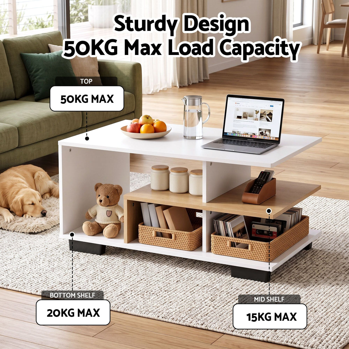 90cm 3-Tier Coffee Table with Open Storage Shelves - White & Wood - Furniture > Living Room > Coffee Tables - Rivercity House & Home Co. (ABN 18 642 972 209) - Affordable Modern Furniture Australia