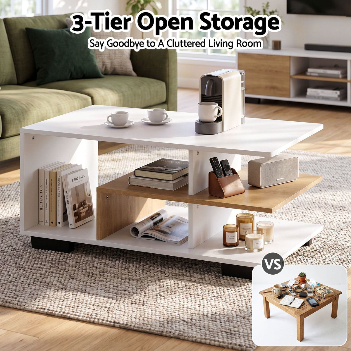 90cm 3-Tier Coffee Table with Open Storage Shelves - White & Wood - Furniture > Living Room > Coffee Tables - Rivercity House & Home Co. (ABN 18 642 972 209) - Affordable Modern Furniture Australia
