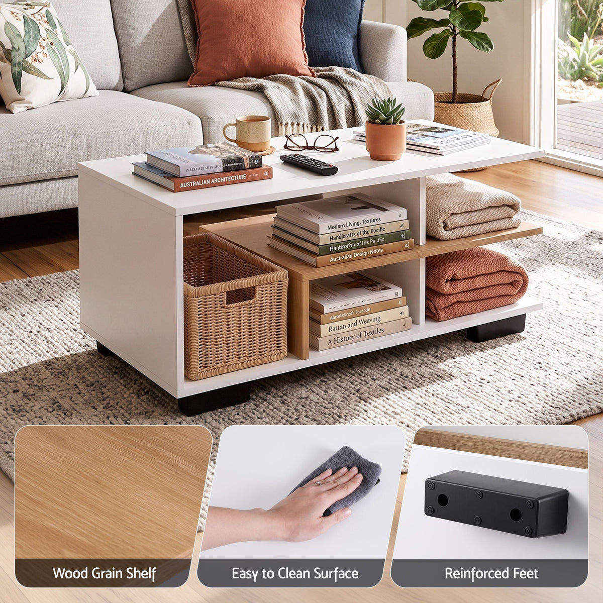 90cm 3-Tier Coffee Table with Open Storage Shelves - White & Wood - Furniture > Living Room > Coffee Tables - Rivercity House & Home Co. (ABN 18 642 972 209) - Affordable Modern Furniture Australia